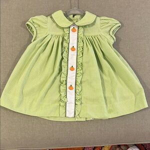 Green Gingham Baby Dress with Pumpkin Embroidery